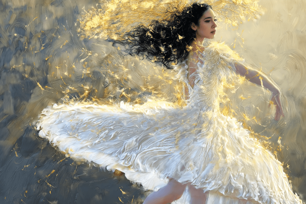 A graceful figure in a flowing white dress adorned with feathers, dancing amidst a soft, golden background.