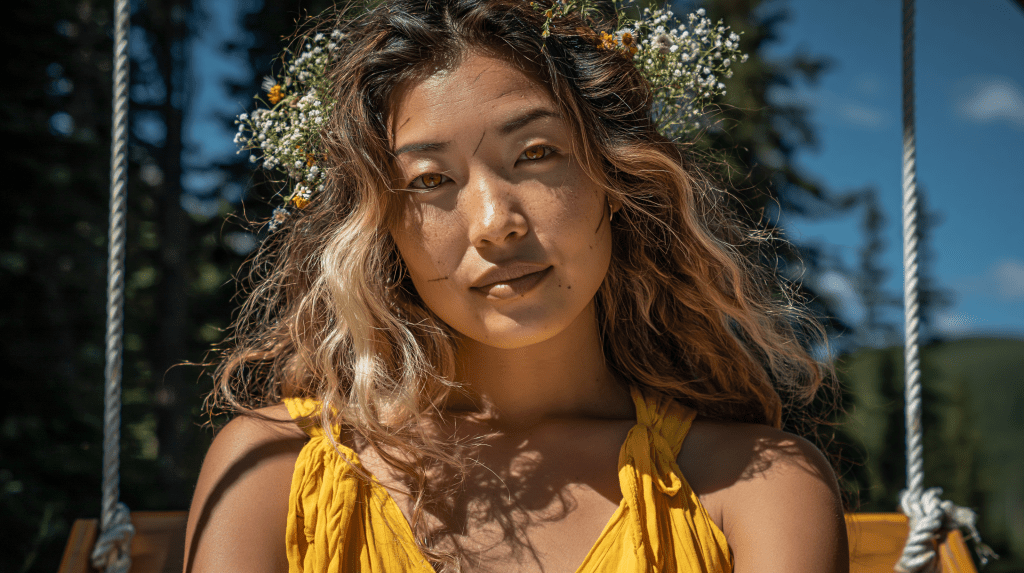 A young woman with wavy hair adorned with small white flowers is seated on a swing, wearing a yellow dress. Sunlight filters through the trees in the background.