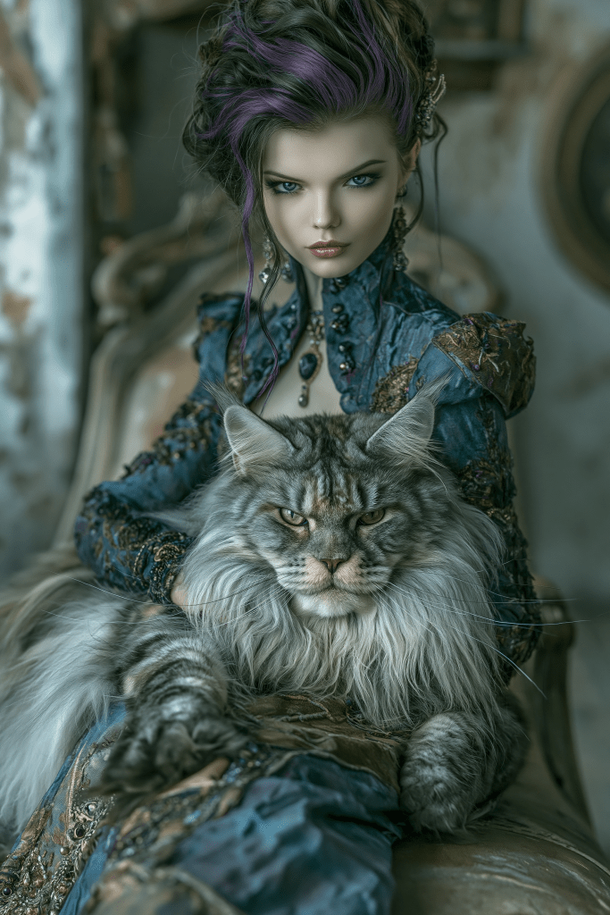 A woman with striking features and purple highlights in her hair sits elegantly on a vintage chair, holding a large gray Maine Coon cat in her lap.