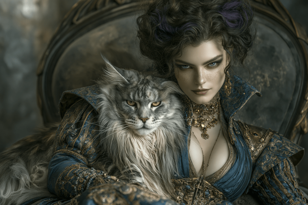 A regal woman with curly dark hair and intricate attire sits in a lavish chair, holding a Maine Coon cat. The setting is ornate, highlighting her elegant jewelry and the cat's expressive features.