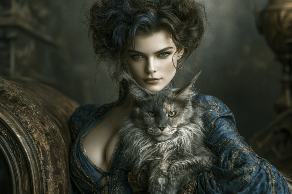A woman in an ornate blue dress holds a large, fluffy cat against her chest, sitting on a vintage couch in a dramatic, dimly lit setting.