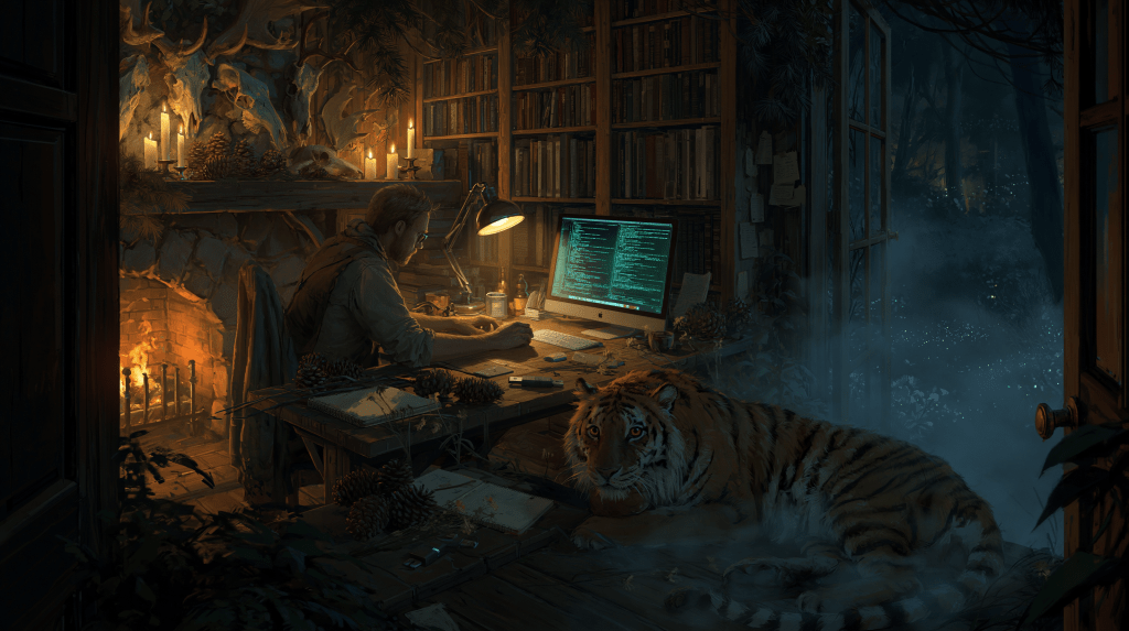 A person working at a desk with a computer in a dimly lit room, surrounded by bookshelves and a fireplace. A large tiger is resting nearby, adding a wild element to the cozy environment.