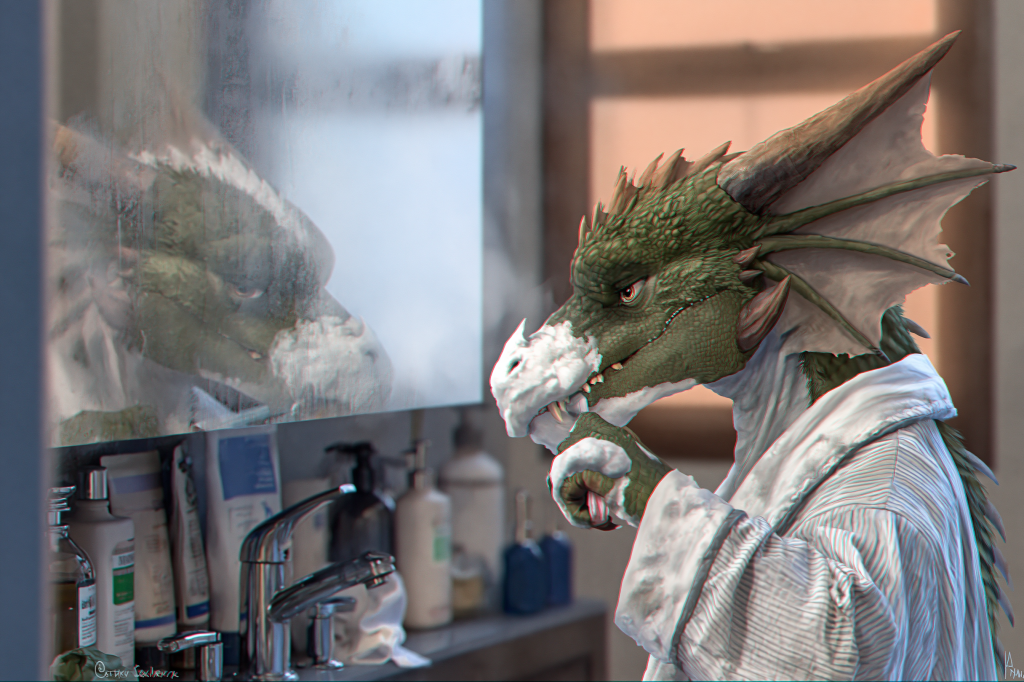 A dragon character in a bathrobe brushing its teeth in front of a bathroom mirror, with various toiletries visible on the shelf.