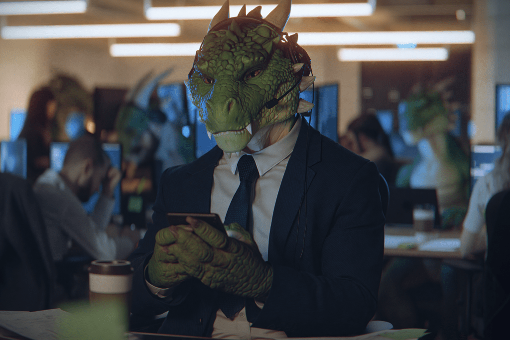 A person wearing a dragon mask and suit sits at a desk in an office, holding a smartphone, with other individuals in similar costumes visible in the background.