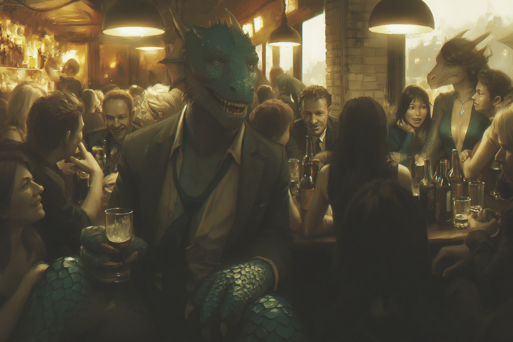 A vibrant bar scene featuring a humanoid lizard creature in a suit holding a drink, surrounded by a group of diverse people enjoying their time at the bar. The atmosphere is warm and lively, with various drinks and expressions of joy among the patrons.