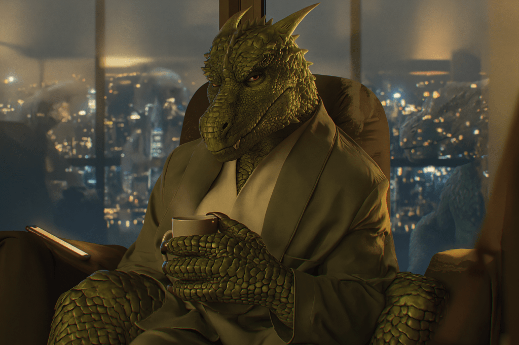 A humanoid reptilian creature sitting in a chair, wearing a robe and holding a cup, with a city skyline visible in the background.