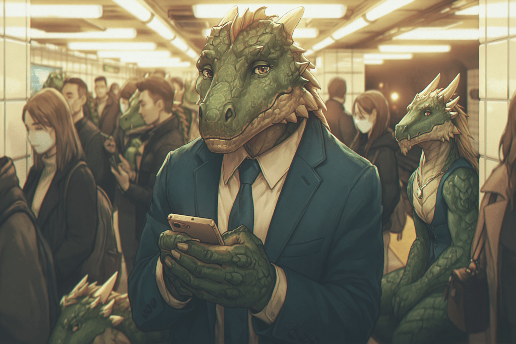 A crowded subway station scene featuring humanoid lizard characters in business attire, engaging with their smartphones. Some people are wearing masks, and there are human figures in the background creating a blend of fantasy and reality.