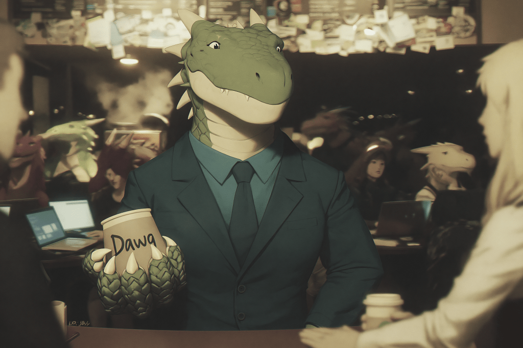 A humanoid dragon character in a business suit holds a coffee cup labeled 'Dawa' while standing at a café counter. In the background, other dragon-like figures are seated with laptops, creating a lively atmosphere.