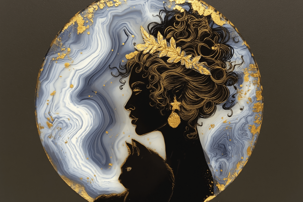 A silhouette of a woman with curly hair and a decorative headpiece, accompanied by a black cat, set against a swirl of blue and gold marbled background.