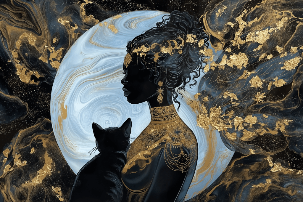 A silhouetted figure of a person with intricate jewelry stands beside a black cat, against a backdrop of swirling blue and gold patterns reminiscent of a celestial scene.