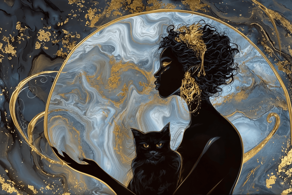 Silhouette of a woman with curly hair and elaborate earrings, holding a black cat, set against a swirling blue and gold abstract background.
