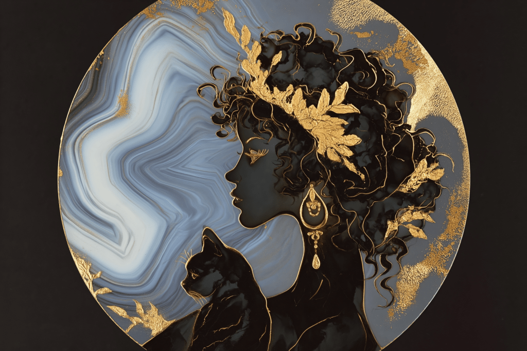 Silhouette of a woman with curly hair adorned with leaves, facing left against a circular background featuring shades of blue and black with gold accents. A black cat is positioned in her lap.