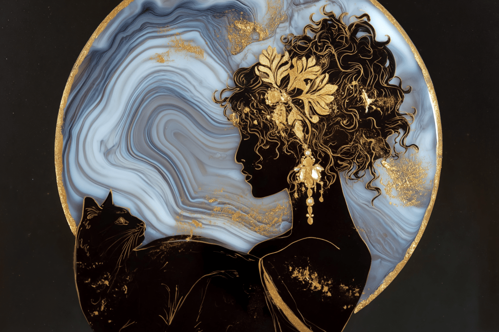 A silhouette of a woman with curly hair adorned with flowers, sitting next to a black cat, set against a swirling blue and gold background.