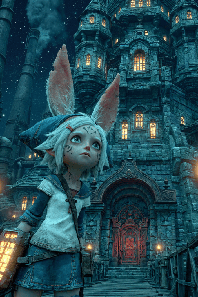 A small character with large rabbit ears stands in front of a towering stone castle at night, illuminated by glowing windows. The character has short white hair and wears a blue and white outfit while holding a lantern.