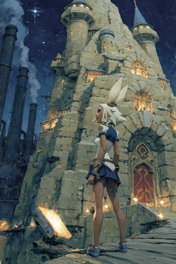 A character with white hair and a futuristic outfit stands in front of a tall, medieval-style castle under a starry sky, with lit windows and a wooden pathway leading towards the entrance.