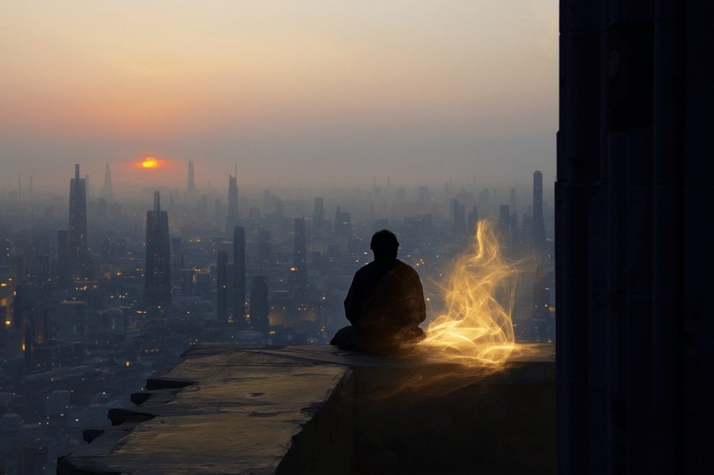 A silhouette of a person sitting on a ledge, overlooking a city skyline at sunset, with a soft glowing aura emanating from their side.