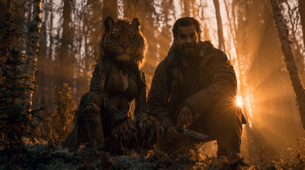 A human figure with a tiger head stands beside another figure in a forest, illuminated by warm, golden sunlight filtering through the trees.