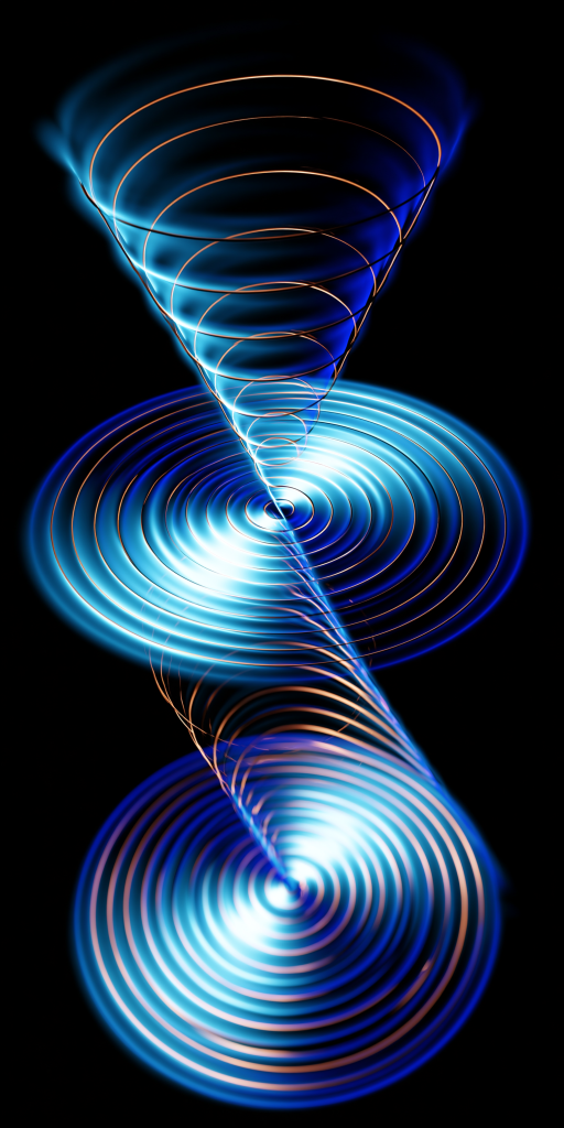 A visual representation of a vortex made of swirling blue and orange light, showcasing concentric rings that create a dynamic and flowing three-dimensional effect against a black background.
