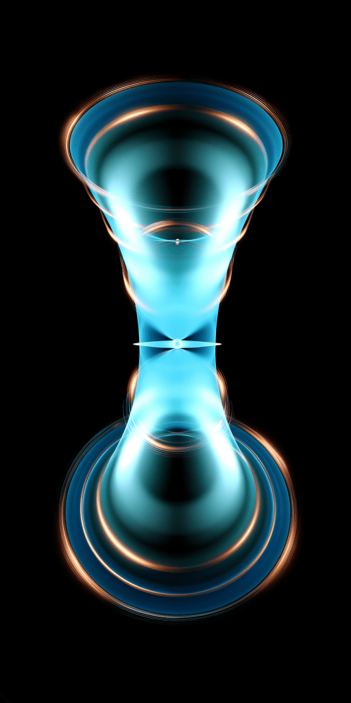 Abstract digital art of a blue hourglass shape with glowing edges against a black background, featuring concentric circles emanating outward.