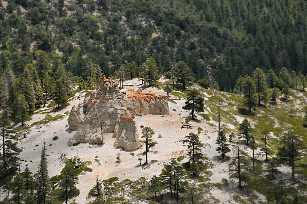 A panoramic view of a rocky formation surrounded by forested land, showcasing unique geological features and a variety of trees.