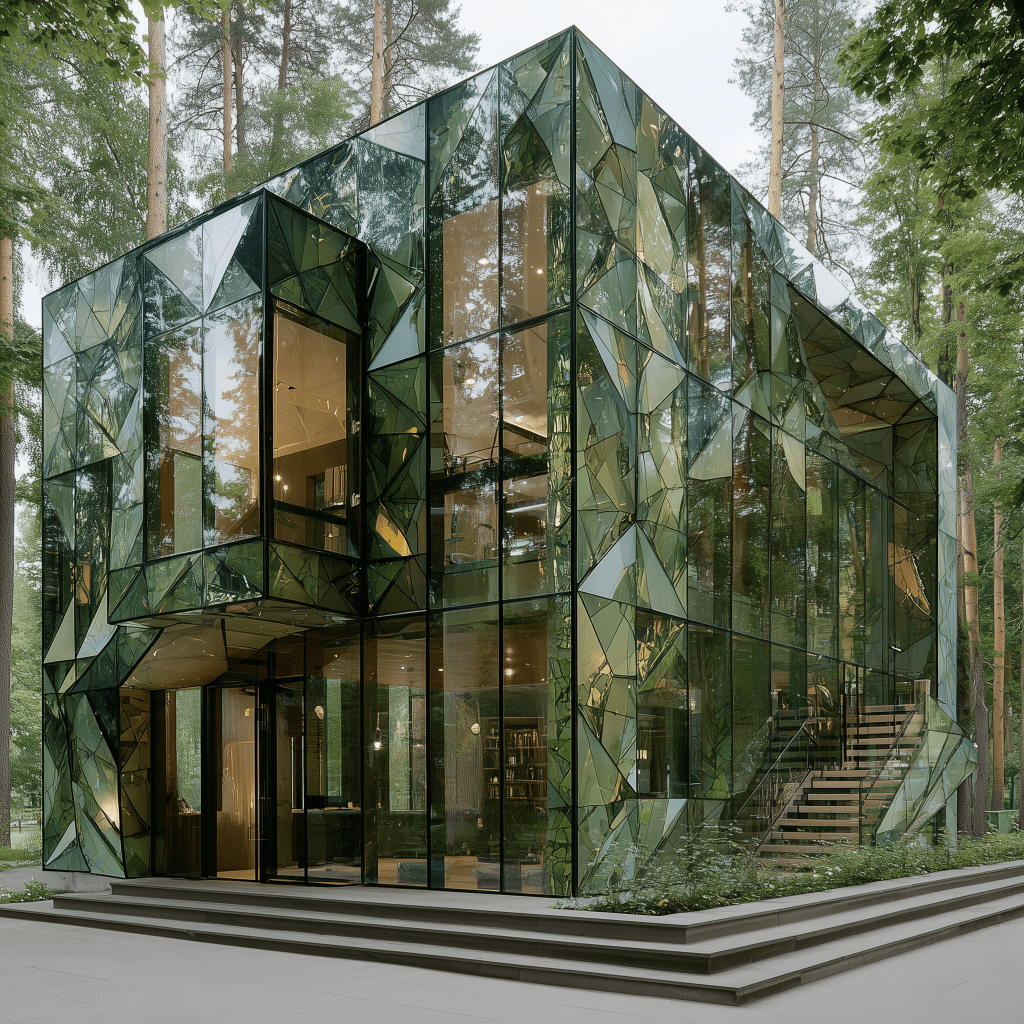 A modern building with a geometric glass facade reflecting green hues, surrounded by tall trees.