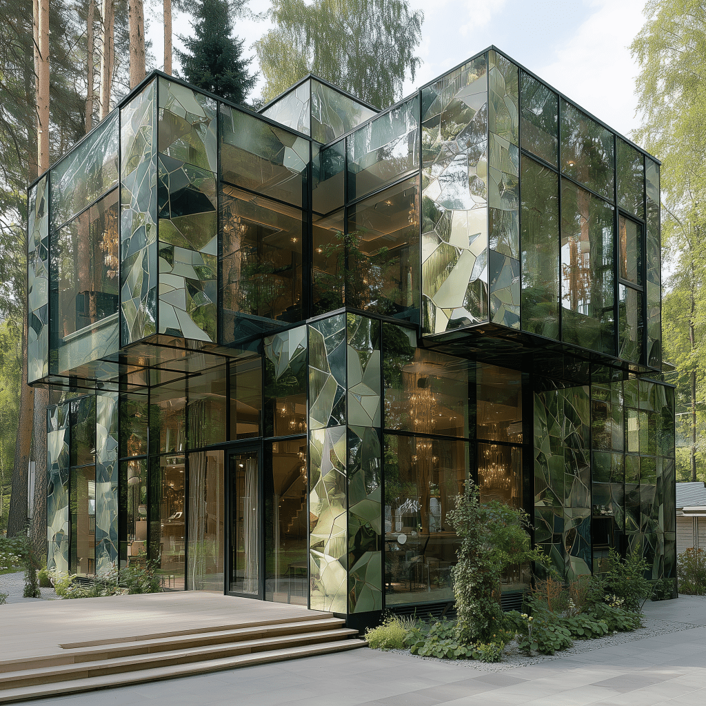A modern architectural building with reflective glass surfaces and angular design, surrounded by greenery and trees.