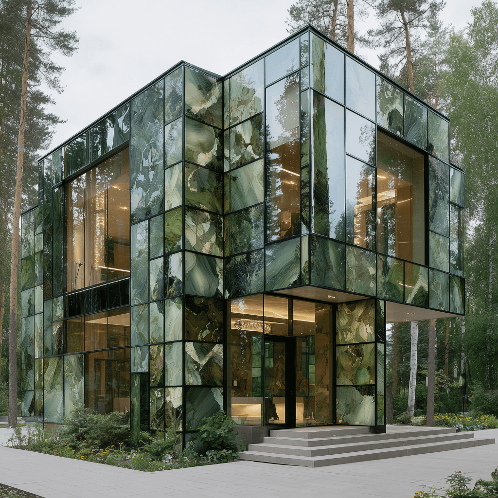 A modern glass building with green and reflective panels set in a forested area, featuring large windows and steps leading to the entrance.