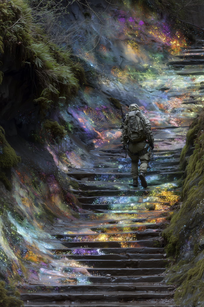 A soldier ascending a staircase surrounded by a mystical landscape filled with colorful, sparkling elements.
