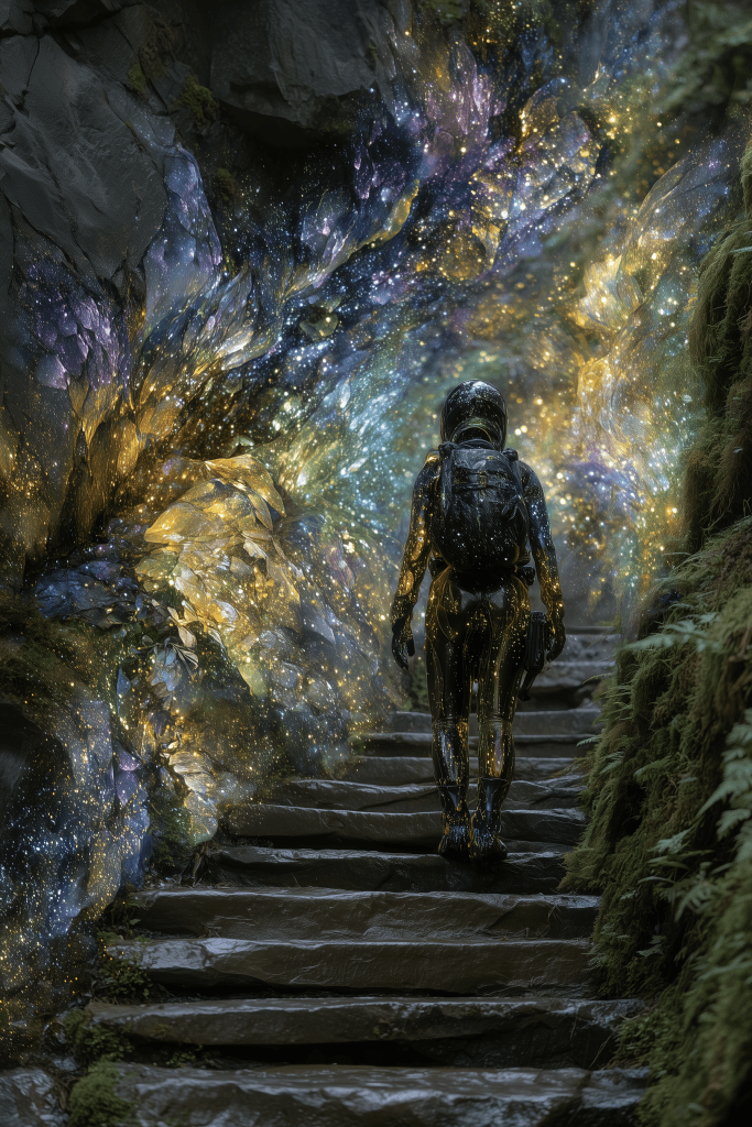 A figure in a spacesuit walking up a stairway surrounded by a fantastical landscape of glowing crystals and vibrant cosmic colors.