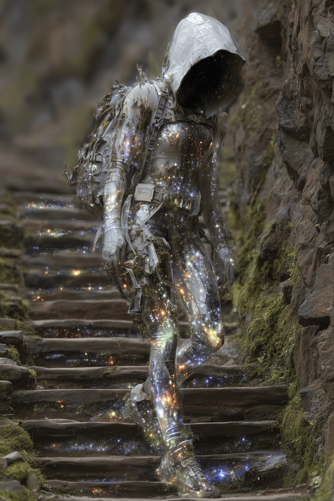 A figure in a futuristic, hooded outfit with a backpack, walking down a moss-covered stone path, emanating a starry galaxy effect.