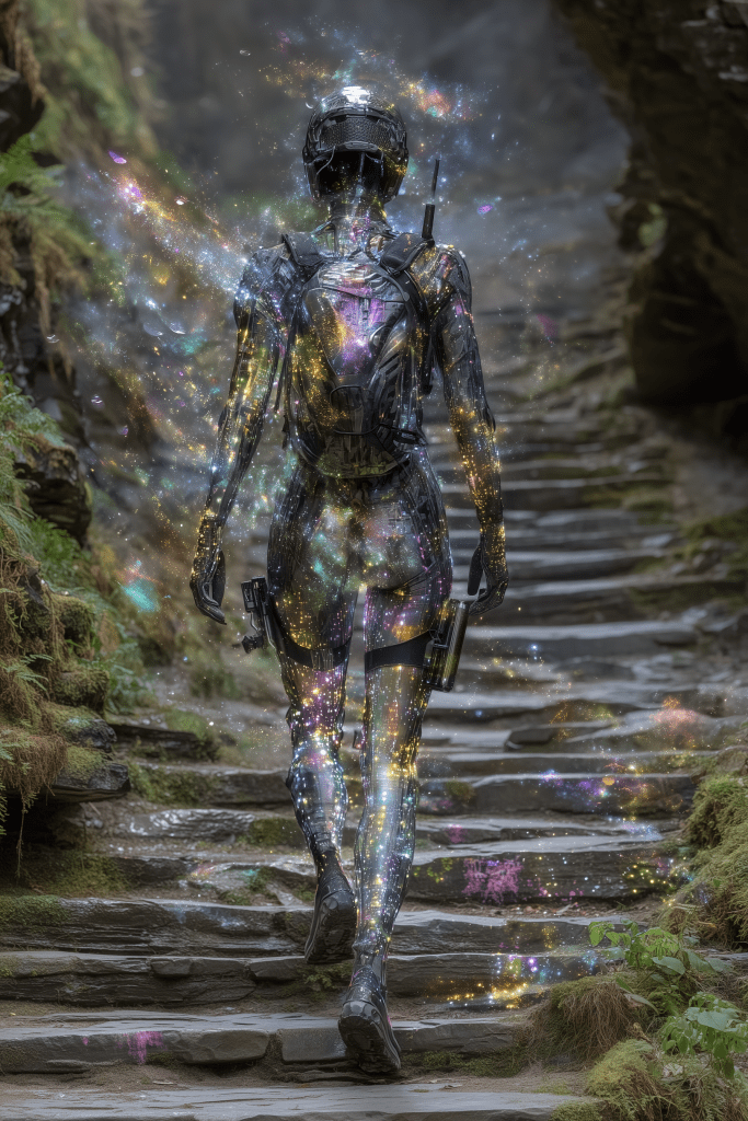 A futuristic humanoid figure covered in a sparkling, galaxy-like pattern walks up a stone staircase in a lush, mossy environment.