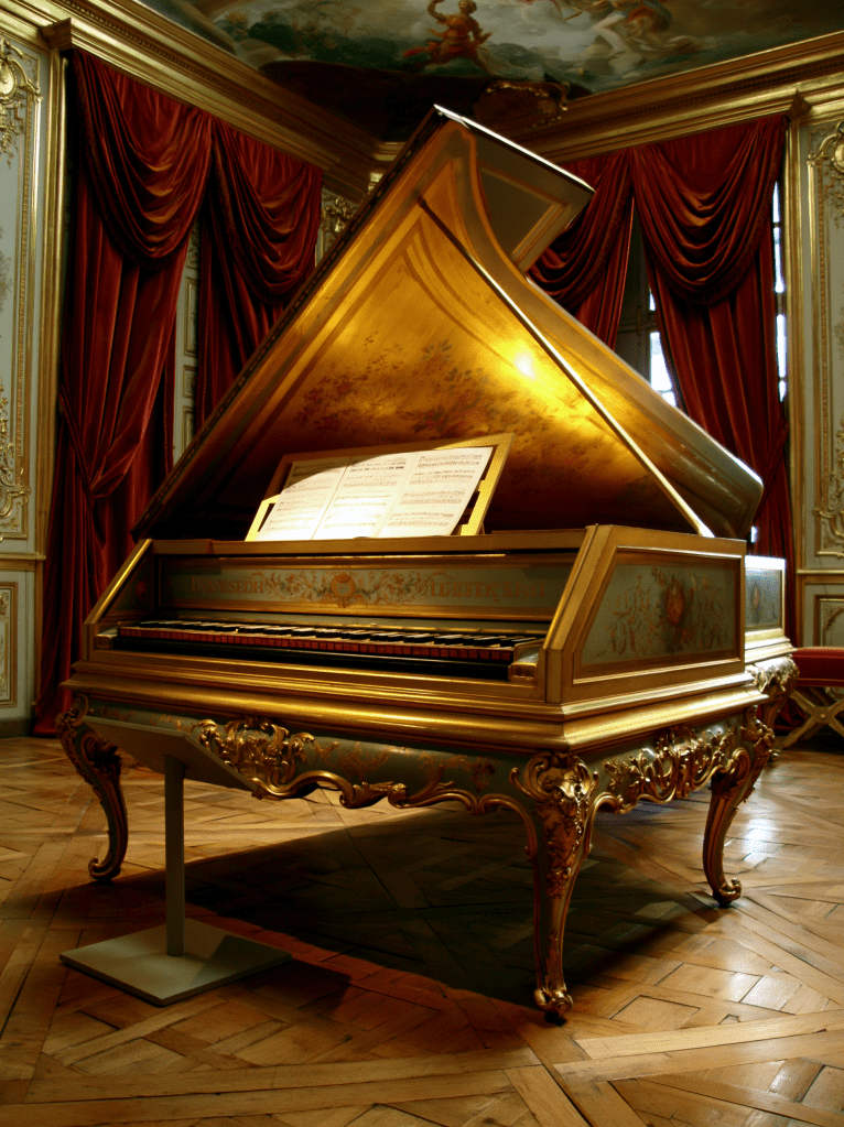 An ornate, golden grand piano with sheet music on top, situated in a lavish room adorned with red curtains and intricate details.