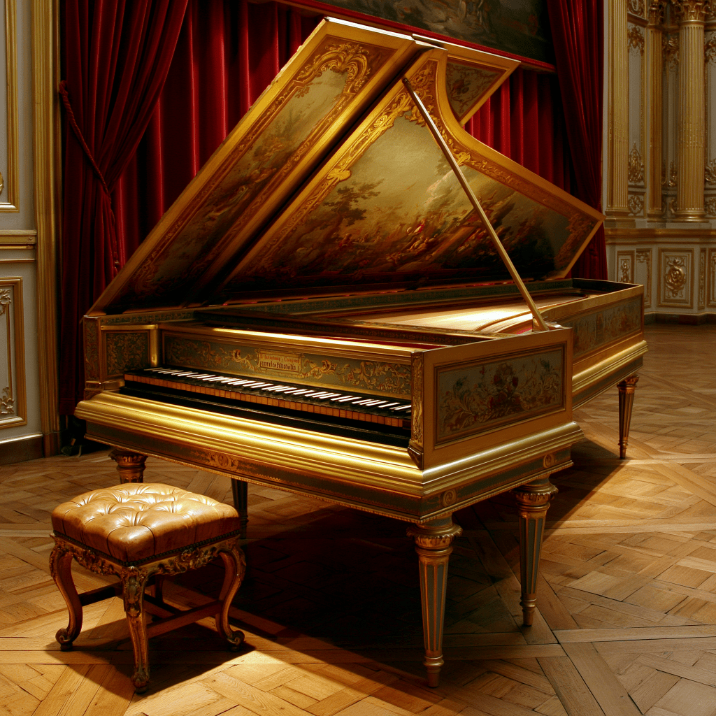 An ornate grand piano with intricate gold detailing and artwork, accompanied by a plush, tufted stool, set against a backdrop of rich red curtains and elegant architecture.