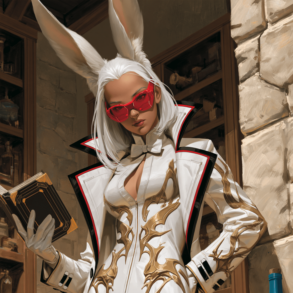 A stylish character with bunny ears, white hair, and red sunglasses, wearing an ornate white suit with golden designs, standing in a room filled with shelves and books.