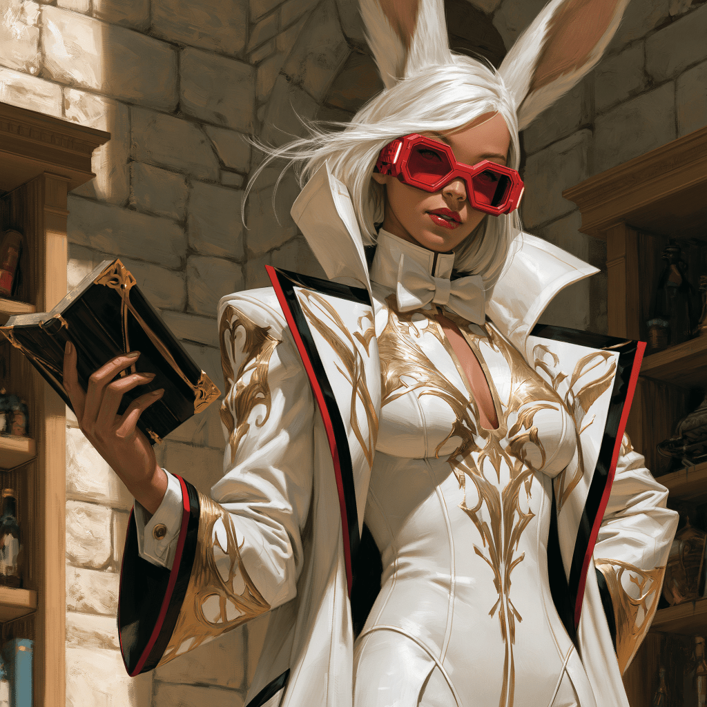 A stylish character with long white hair and bunny ears, wearing a white and gold detailed outfit with a high collar and a bow tie, holding a black book in one hand and sporting red sunglasses. The background features stone walls and shelves filled with various items.