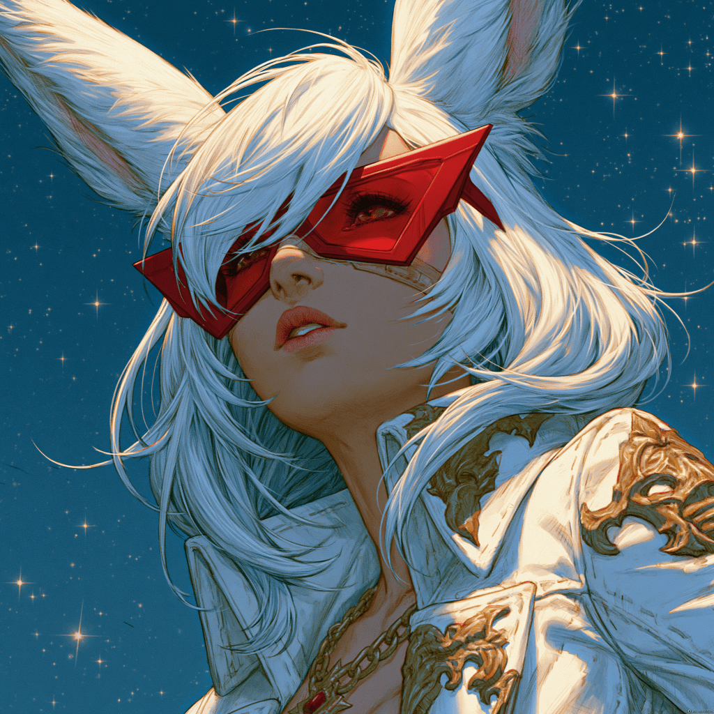 A close-up portrait of a character with white hair and large bunny ears, wearing striking red sunglasses and a stylish white jacket with intricate details, set against a starry background.
