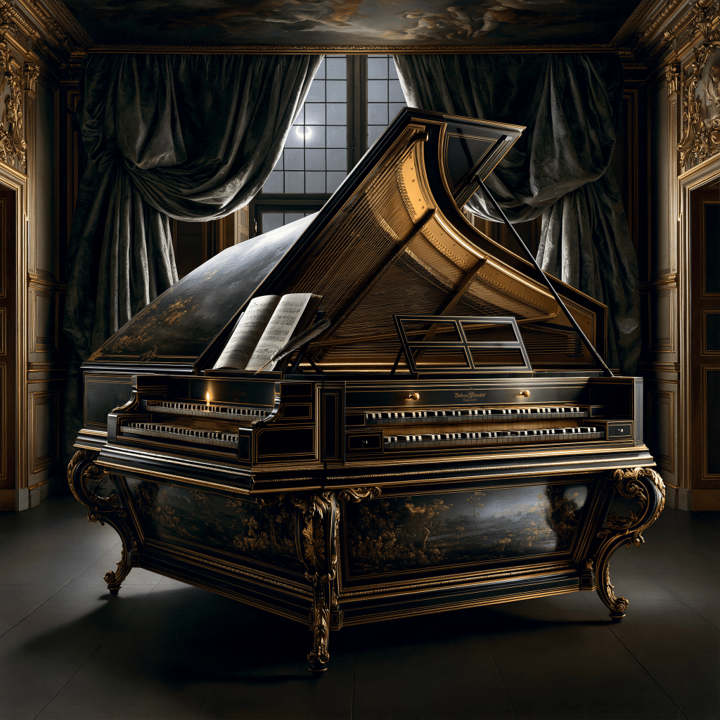 An ornate grand piano with a decorative finish, placed in an elegant room featuring rich curtains and detailed architecture. A sheet of music rests on the stand.