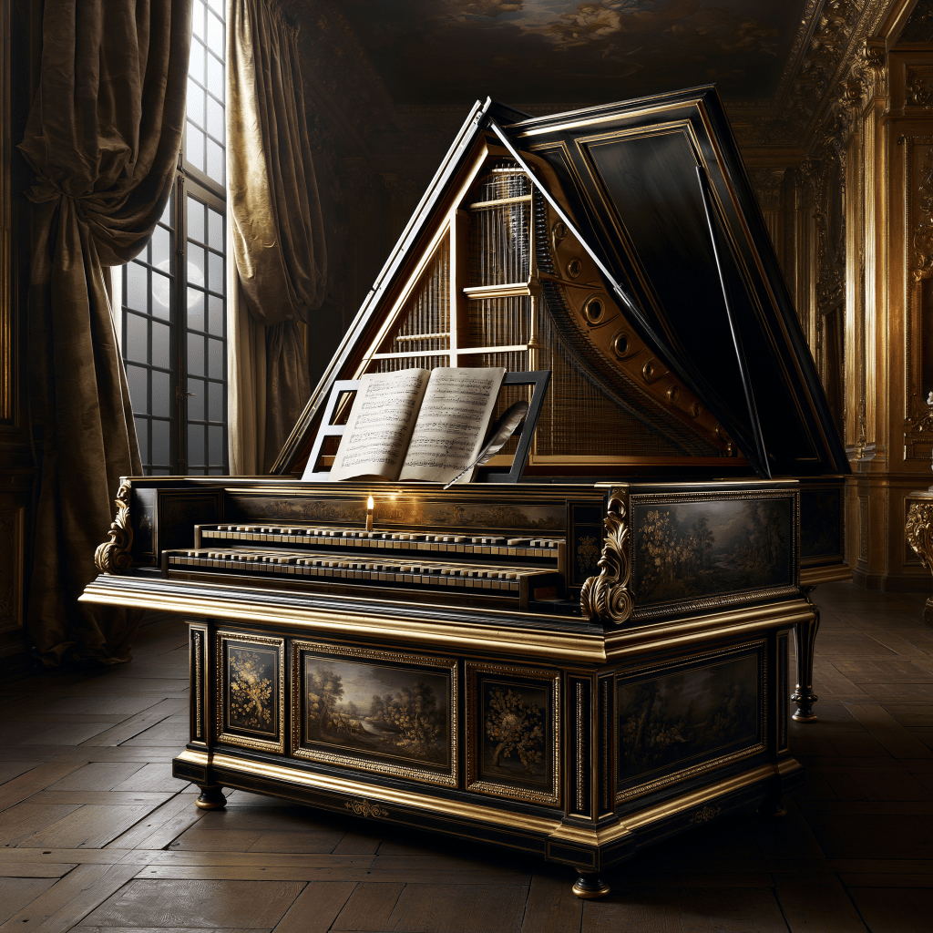 A beautifully crafted harpsichord with an ornate design, featuring an open lid displaying the strings and keyboard, set in an elegantly decorated room with large windows and rich drapery.