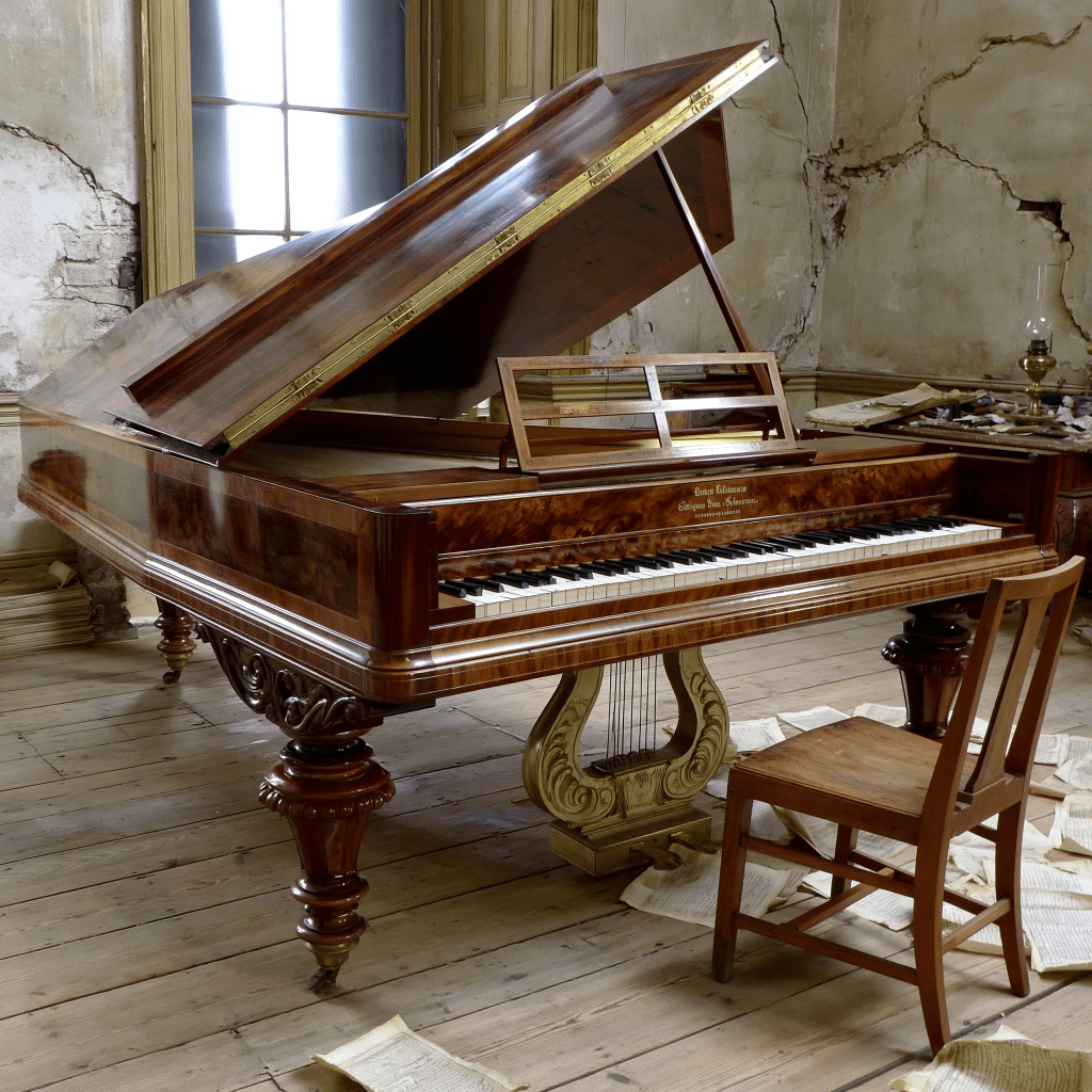 A vintage grand piano with the lid raised, positioned in an old room with peeling walls and a wooden floor, accompanied by a wooden chair and scattered sheets of paper.