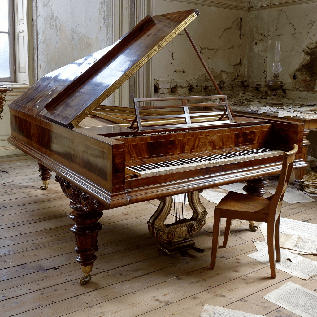 A vintage grand piano with an open lid, showcasing its intricate woodwork, set in a dilapidated room with peeling walls and scattered sheets of paper, accompanied by a wooden chair.