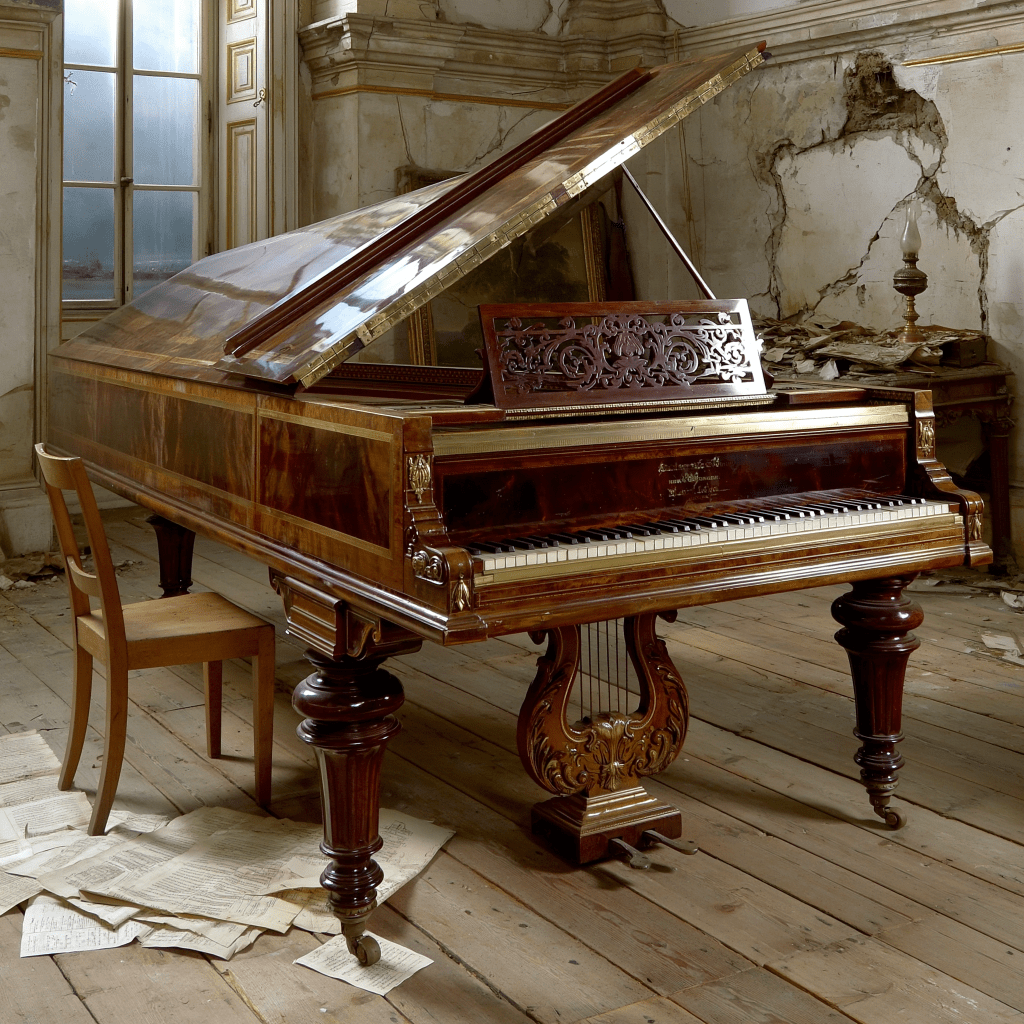 A vintage grand piano with intricate woodwork, situated in a dilapidated room with peeling walls and a wooden floor, accompanied by a wooden chair and scattered sheets of paper.