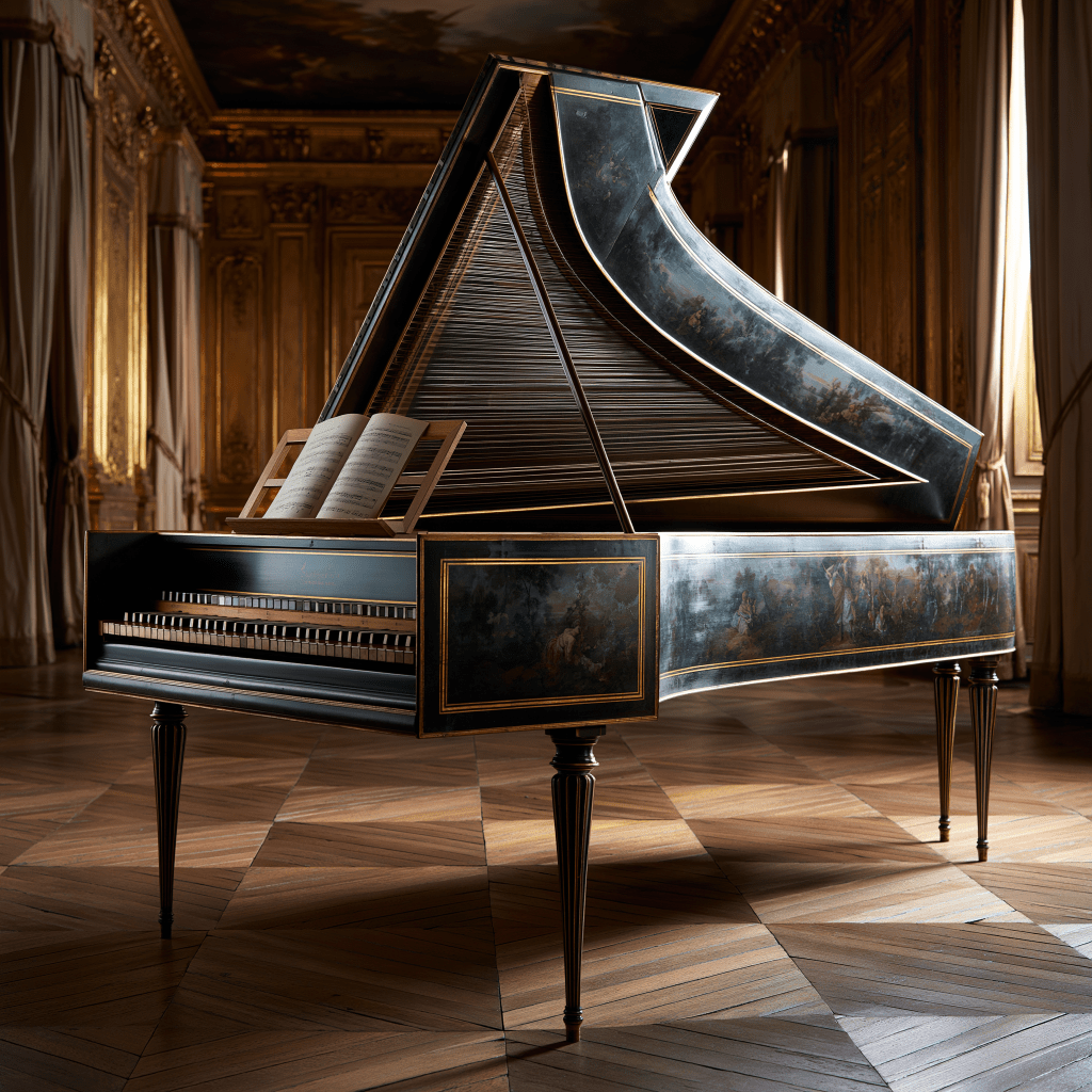 A beautifully crafted harpsichord displayed in an opulent room with elaborate golden decorations and a wooden floor.