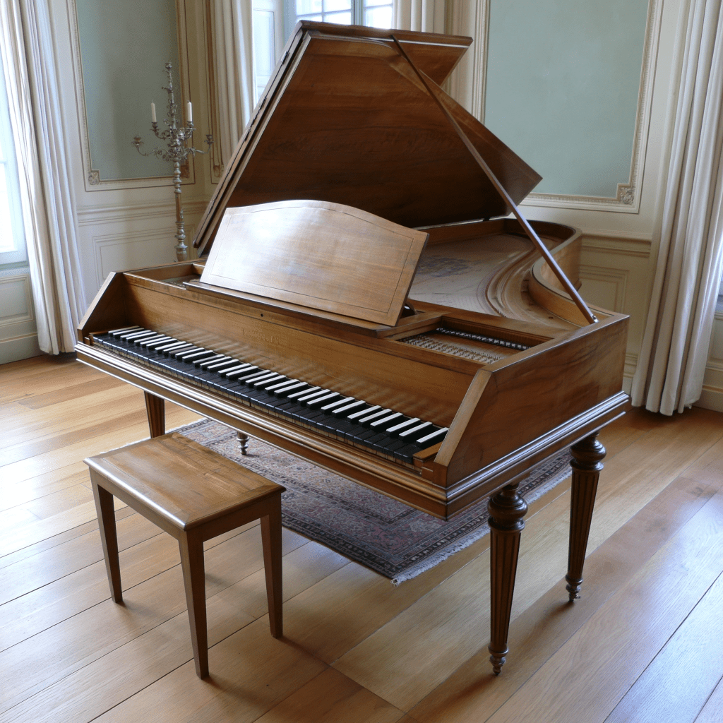A grand piano with an open lid, displaying its keys and intricate woodwork, positioned next to a small matching bench on a wooden floor.