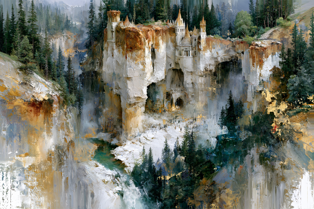 A stunning landscape featuring a dramatic castle perched on a rocky cliff, surrounded by lush evergreen trees and misty valleys. The scene showcases a blend of vibrant colors and textured brush strokes, creating a dreamlike atmosphere.