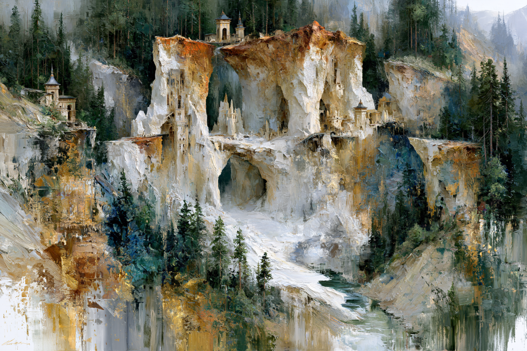 A vibrant and textured landscape featuring towering cliffs with intricate structures atop, surrounded by dense forest and a winding river below.