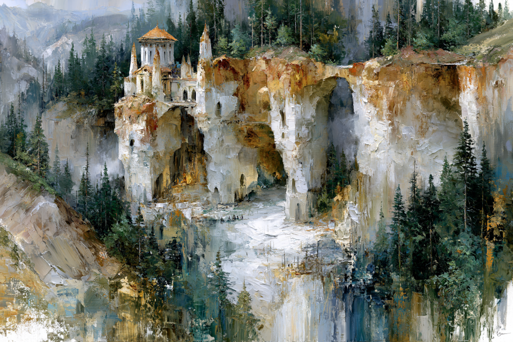 A scenic landscape featuring a historic building perched on a cliff surrounded by dense pine forests, with a river and rocky terrain below.