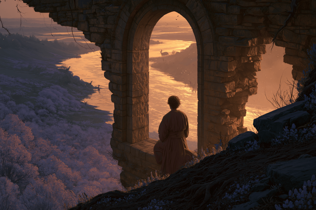 A figure sitting on a ledge inside an ancient stone archway, gazing at a serene river during sunset, surrounded by purple-hued trees and landscape.
