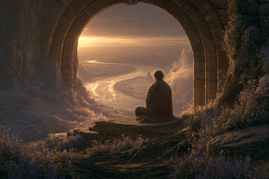 A serene figure sitting in contemplation at the edge of an archway, overlooking a river winding through a misty landscape at sunset, surrounded by flowers.
