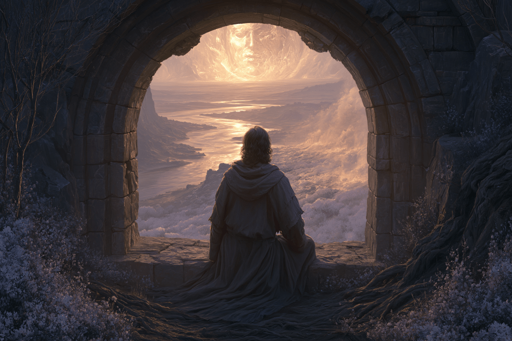 A contemplative figure in a robe sits at the edge of an ancient archway, gazing out over a serene landscape filled with swirling clouds and a distant glowing horizon.