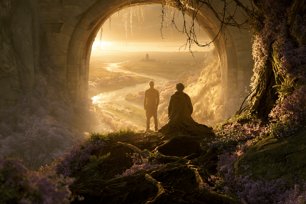 A serene landscape view through an ancient stone archway, featuring two figures overlooking a river and distant mountains, surrounded by blooming purple flowers and bathed in golden light.